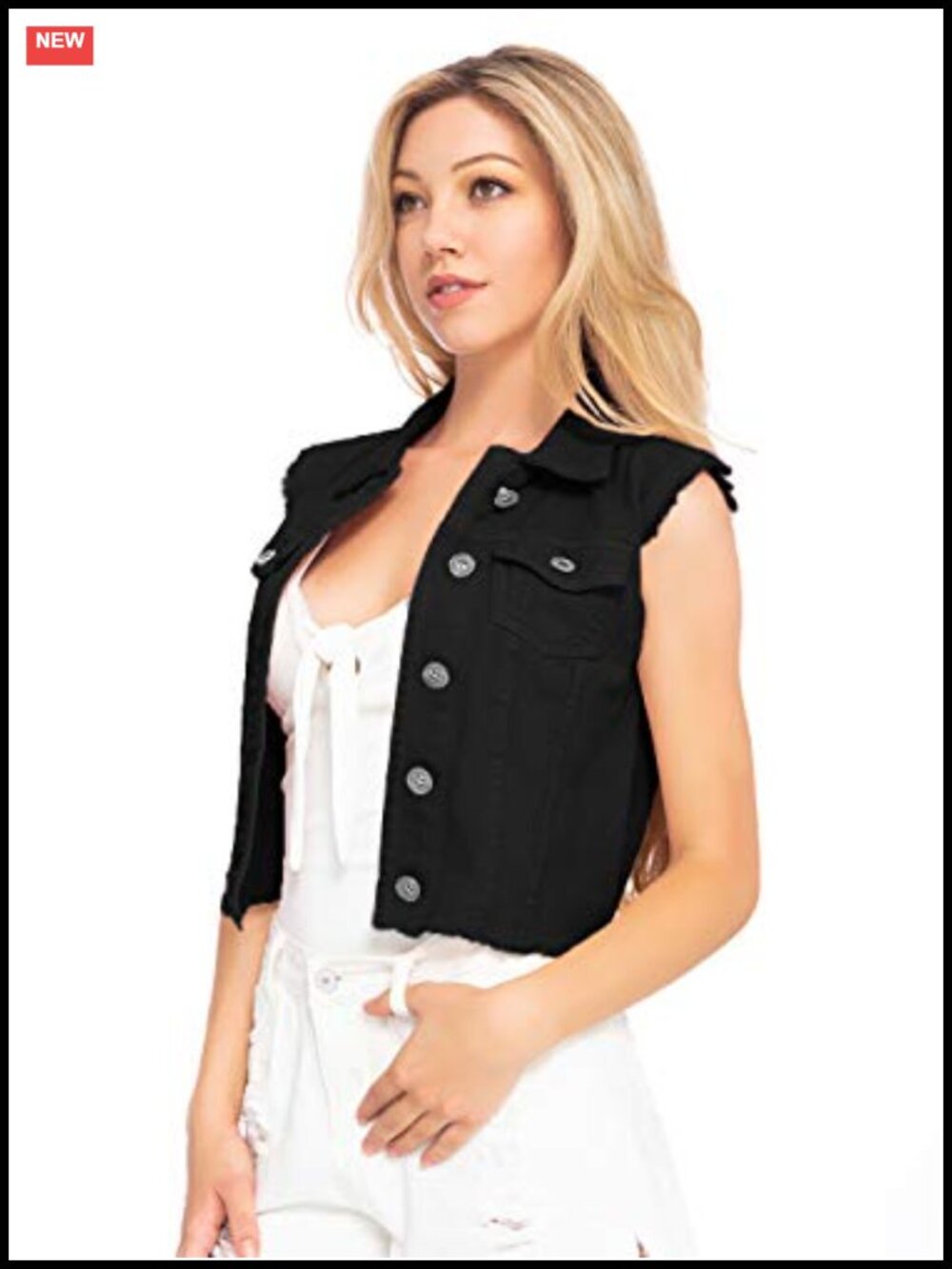 Distressed Denim Button Up Sleeveless Crop Vest Flap Pockets Layering